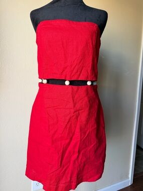 Red cotton linen blend mini dress beaded cutout medium tall Abercrombie